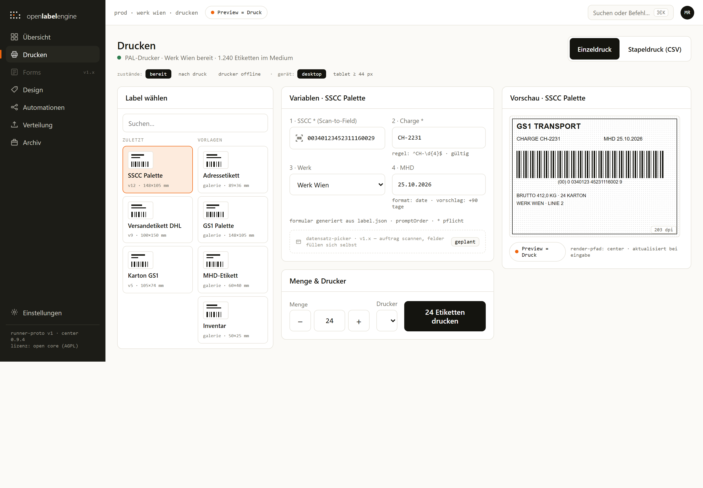 Print Center showing label picker, variable form with scan field, quantity stepper and live ZPL preview