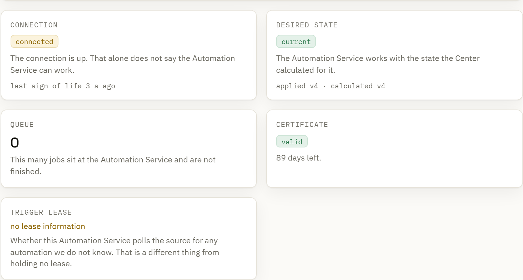 An Automation Service reports its connection, applied configuration and queue separately.