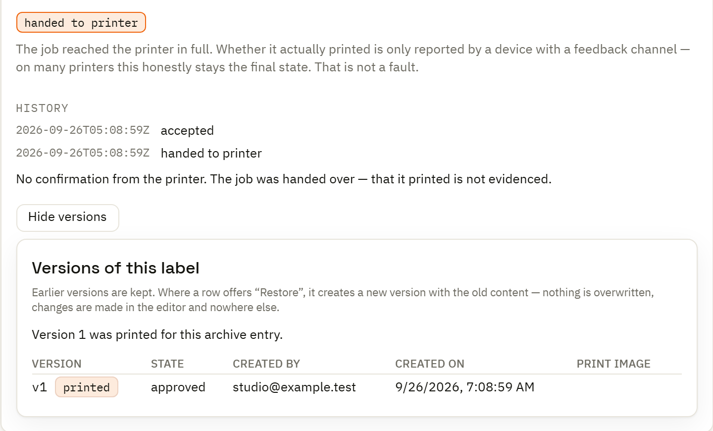 Print archive detail showing delivery history and the label's version table.